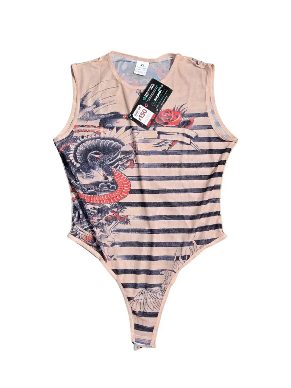 NWT | Sheer Tattoo Print Sleeveless Bodysuit & Striped Pants Set | XL - Picture 3 of 8
